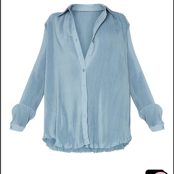 PrettyLittleThing steel blue plisse button front oversized shirt - Picture 5 of 5